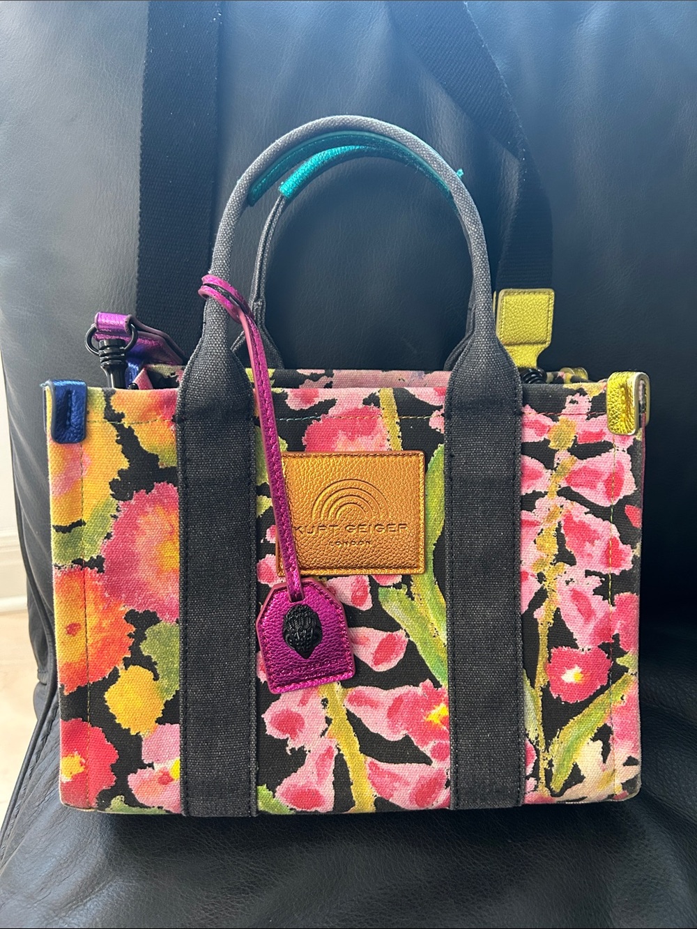 Kurt Geiger Multicolor Floral Canvas Tote with Black Straps
